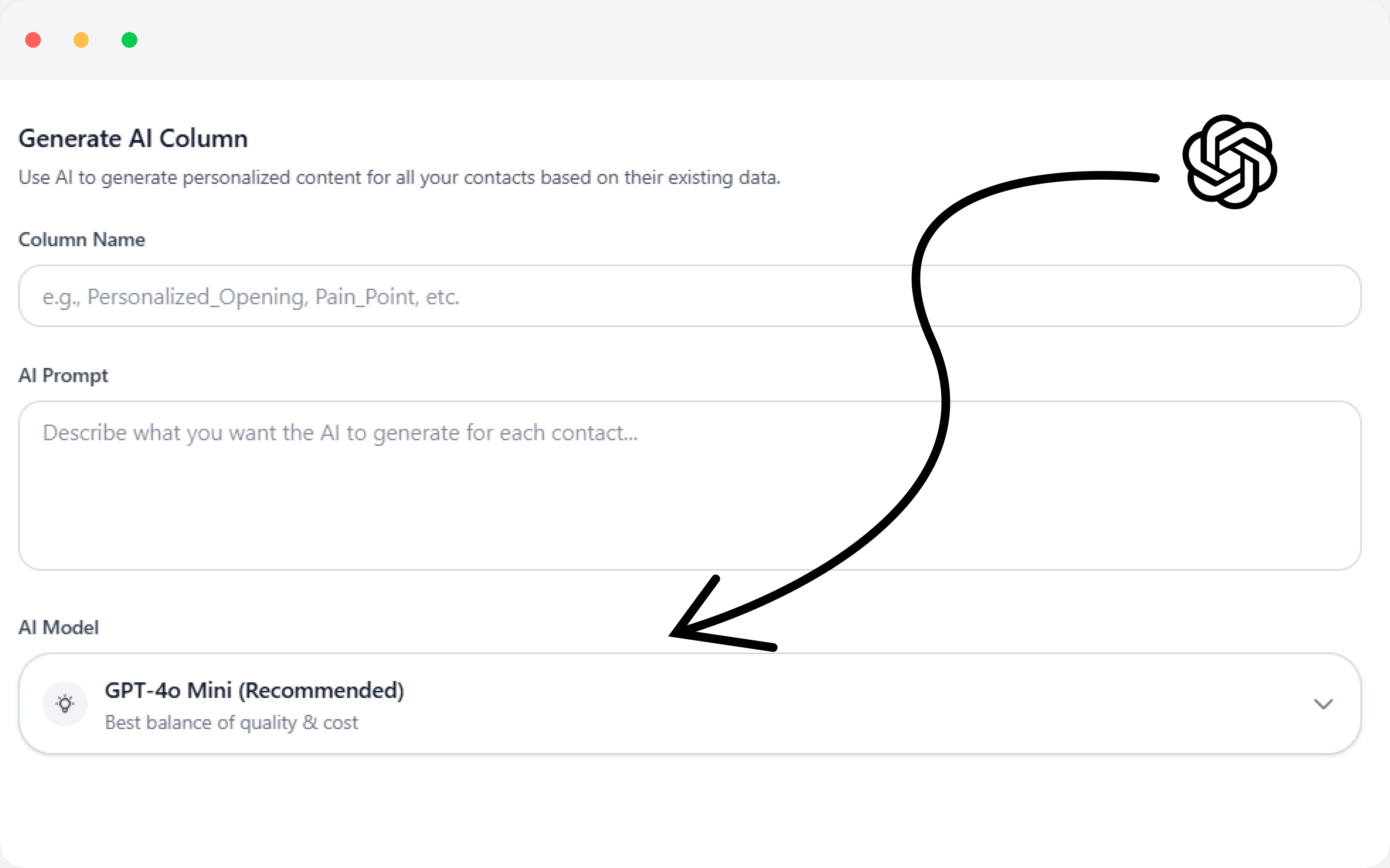 AI Personalization mockup showing custom fields and OpenAI integration